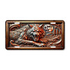 Wolf license plate featuring a snarling wolf under a full moon with copper and steel embossed-look textures on aluminum.