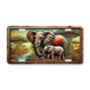 Elephant license plate featuring a mother and calf in an African savannah landscape with embossed-look artwork on aluminum.