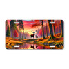 Deer license plate featuring a buck and doe reflected in a forest pond at sunset with autumn foliage on aluminum.