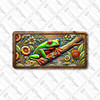 Tree frog license plate featuring rustic embossed-look artwork with a brightly colored frog clinging to a branch surrounded by flowers and foliage.