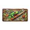 Tree frog license plate featuring rustic embossed-look artwork with a brightly colored frog clinging to a branch surrounded by flowers and foliage.
