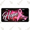Hope Pink Ribbon license plate featuring awareness ribbon with cascading hearts and bold pink script on black-pink background.