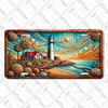 Majestic Lighthouse license plate featuring seaside beacon, rocky shoreline, seashell frame, and vibrant sunset sky in rustic artwork.