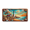 Majestic Lighthouse license plate featuring seaside beacon, rocky shoreline, seashell frame, and vibrant sunset sky in rustic artwork.