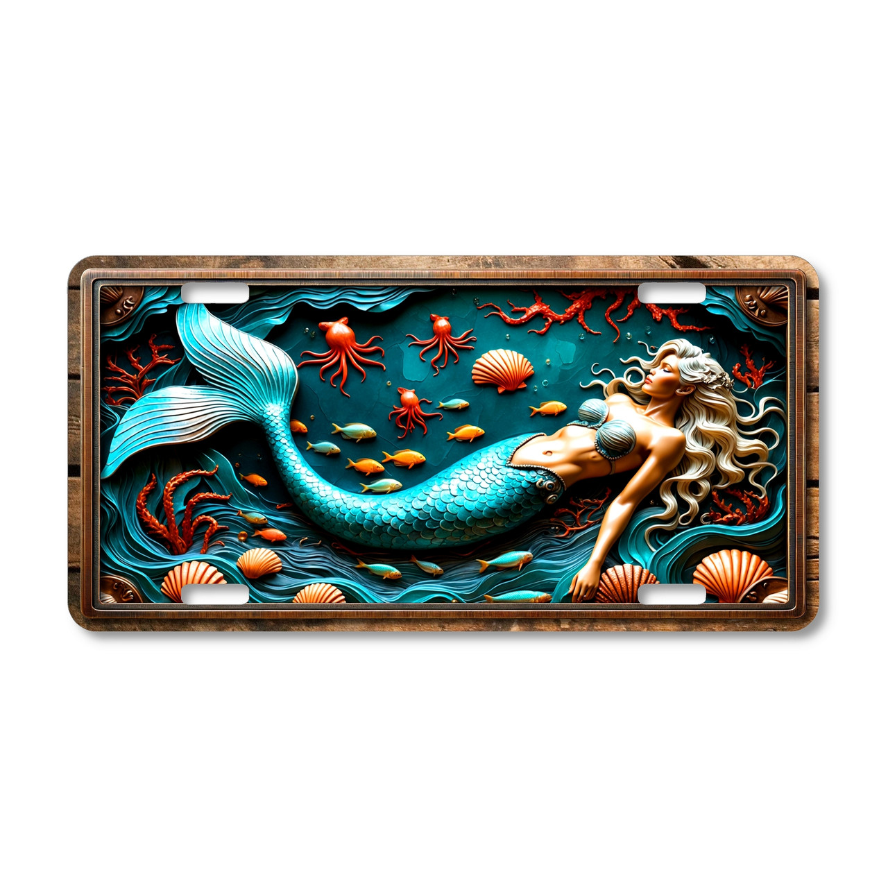 Graceful Mermaid license plate featuring blonde mermaid with turquoise scales, seashells, coral, octopus, and fish in embossed-look fantasy ocean design.