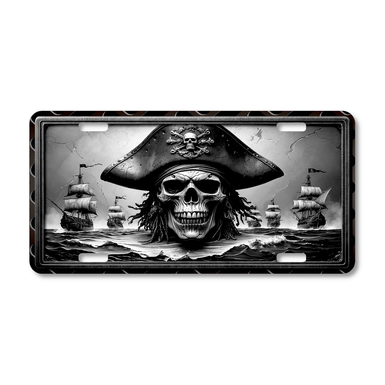 Pirate Skull license plate featuring black and silver monochrome skull with tricorn hat, ghostly sailing ships, and stormy seas in rustic embossed-look design on aluminum.