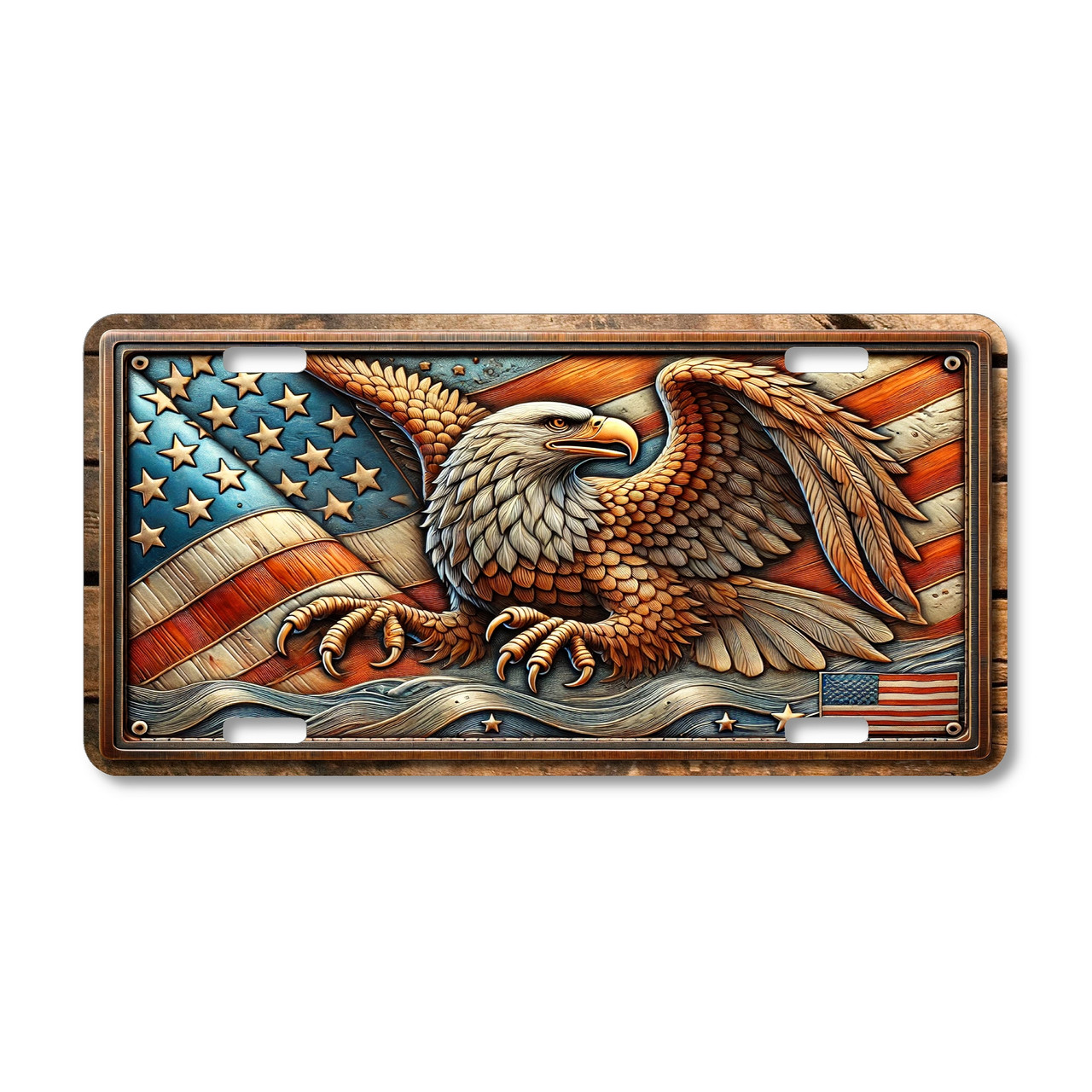 Bald Eagle license plate featuring soaring eagle with wings spread across American flag in rustic embossed-look copper and bronze design on aluminum.