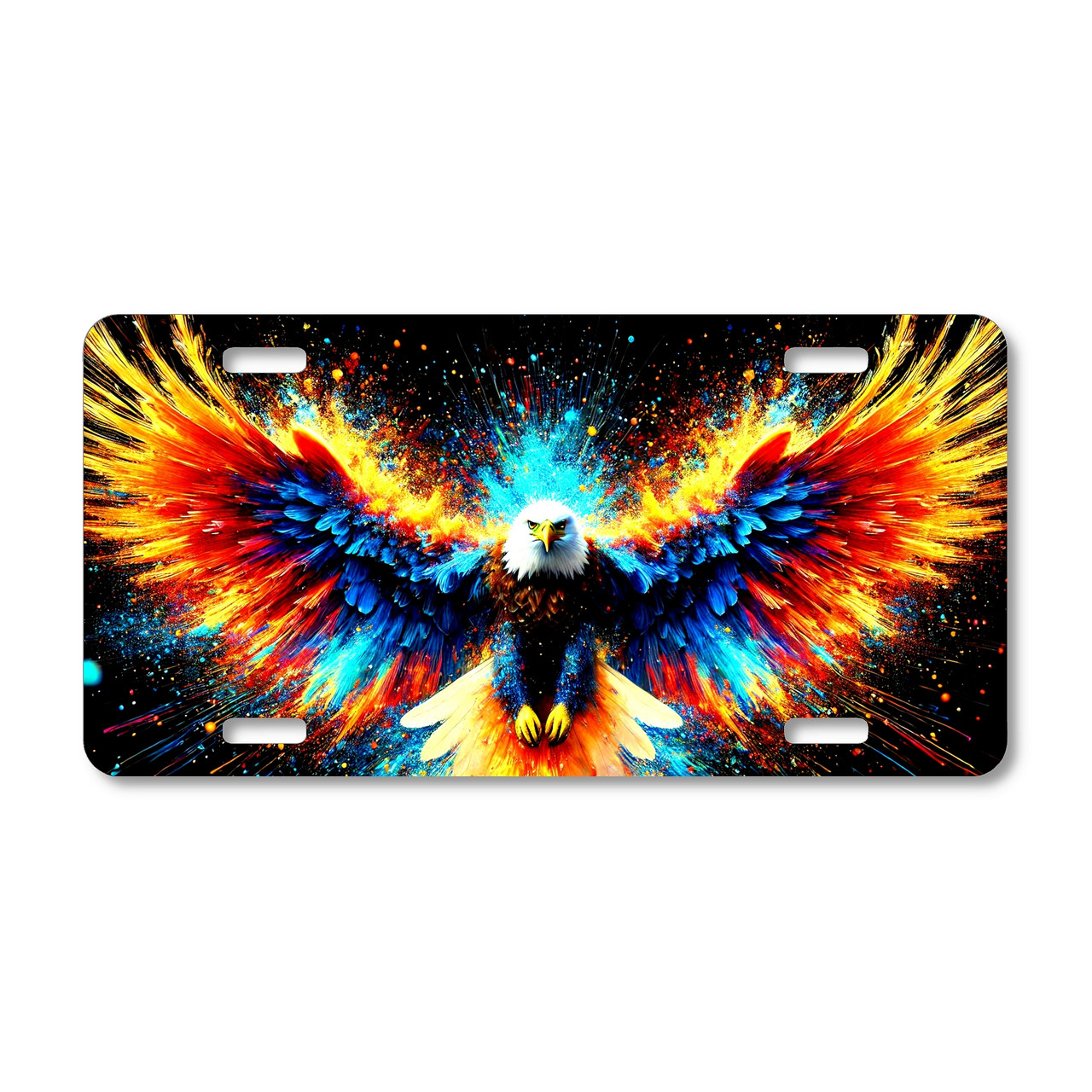 Bald Eagle license plate featuring abstract explosive fire burst wings in vivid red, yellow, and blue tones for a patriotic design on aluminum.