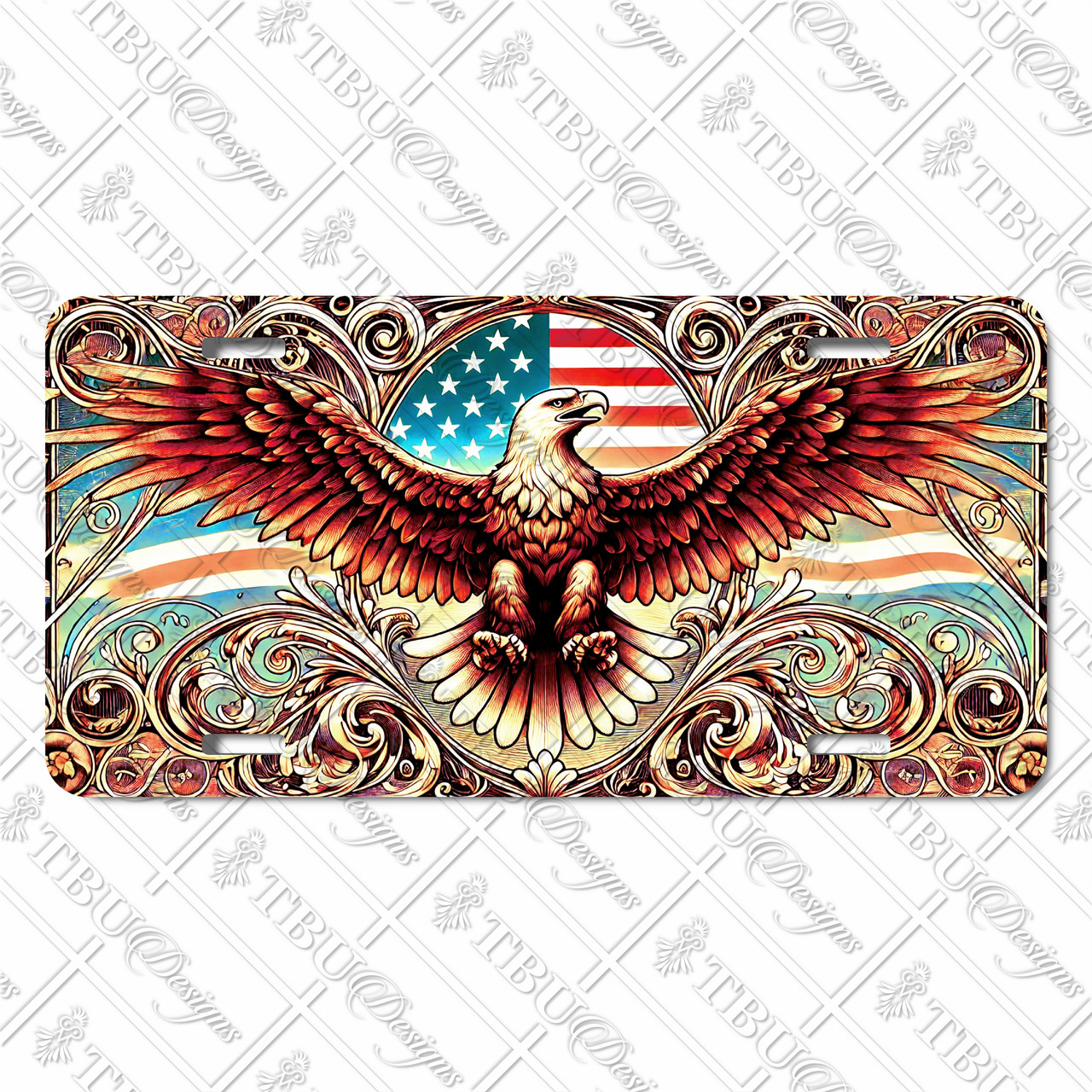 Bald eagle license plate featuring an eagle spreading wings over the U.S. flag with ornate rustic scrollwork in embossed-look style.