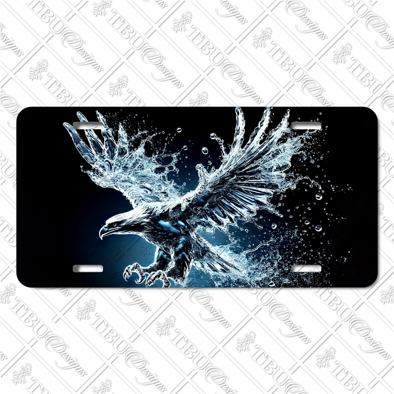 Water eagle license plate featuring an eagle sculpted from splashing water in mid-flight against a dark background in embossed-look artwork Water eagle license plate featuring an eagle sculpted from splashing water in mid-flight against a dark background in embossed-look artwork