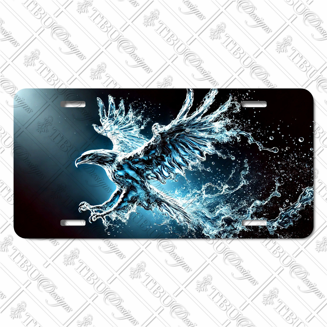 Soaring water eagle license plate featuring an eagle sculpted from flowing water mid-flight against a dark background in embossed-look artwork.