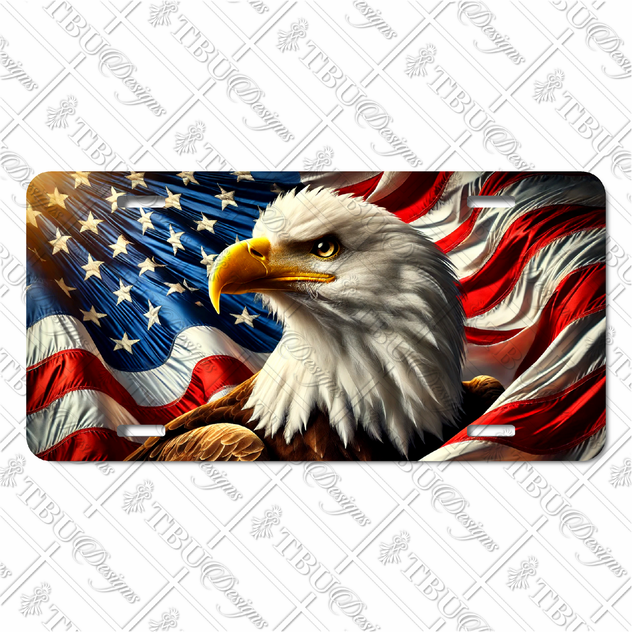 Bald eagle license plate featuring a bold eagle portrait against the flowing American flag in embossed-look artwork.