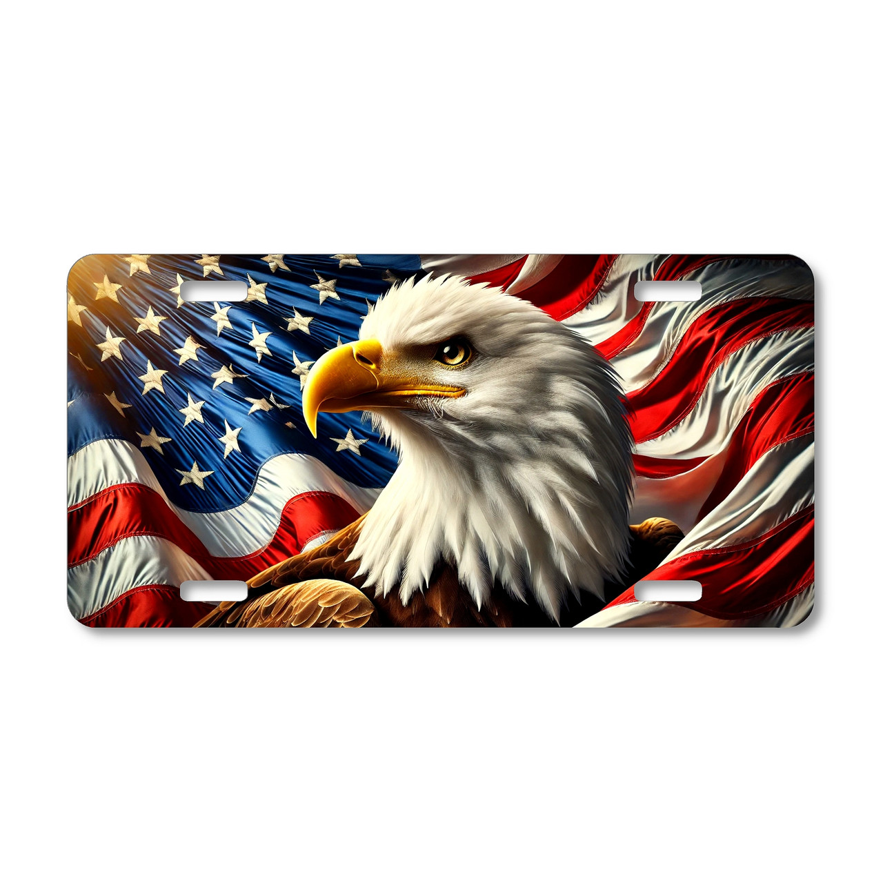 Bald eagle license plate featuring a bold eagle portrait against the flowing American flag in embossed-look artwork.
