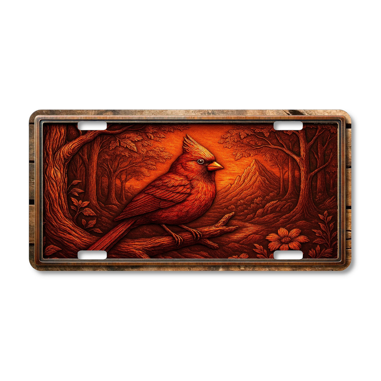 Cardinal license plate featuring embossed metal relief look artwork with a red cardinal in a rustic woodland scene.