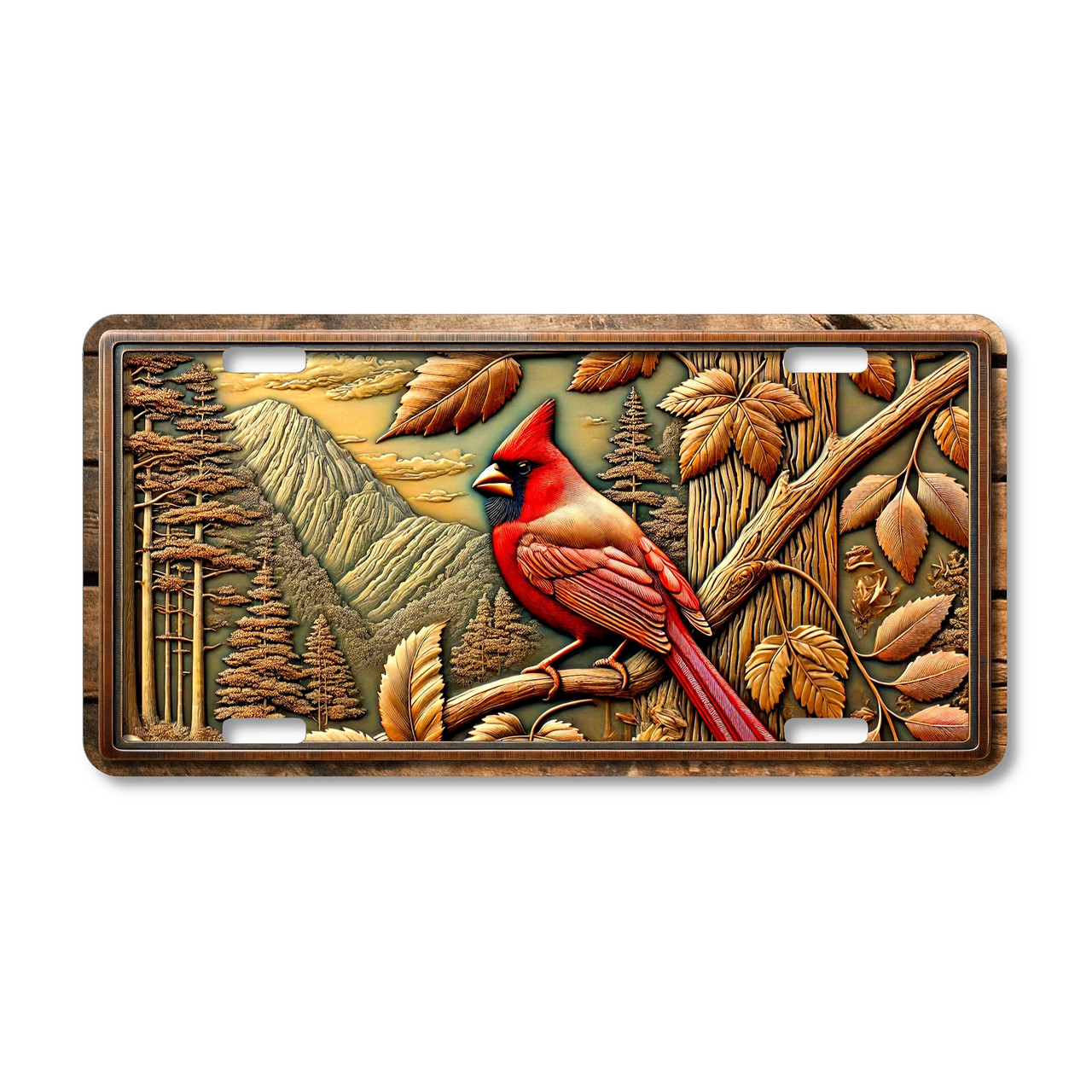 Cardinal license plate featuring embossed metal relief look artwork with red cardinal, golden leaves, and mountain forest background.