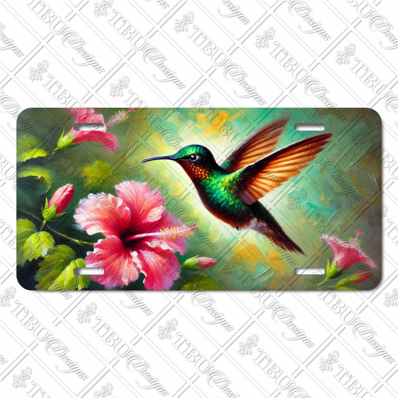 Hummingbird license plate featuring oil-painting style artwork with a green hummingbird and pink hibiscus flowers. Hummingbird license plate featuring oil-painting style artwork with a green hummingbird and pink hibiscus flowers.