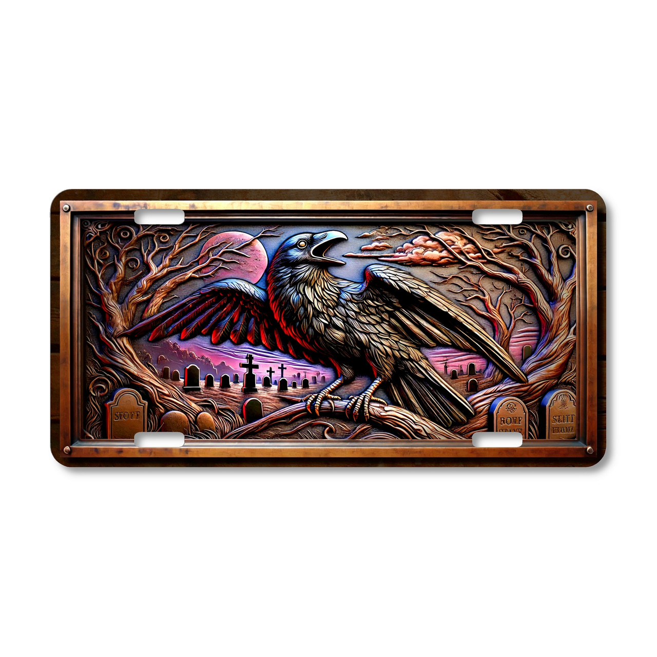 Raven license plate featuring embossed metal relief look artwork with black raven, twisted trees, cemetery gravestones, and a moonlit sky.