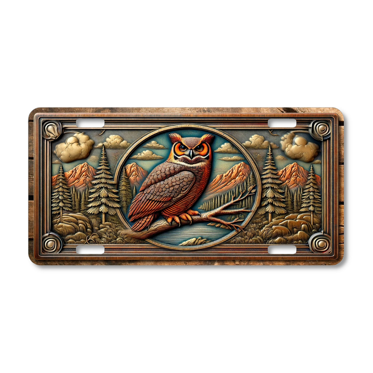 Rustic Great Horned Owl license plate featuring mountains, pine forest, and copper-toned artwork on aluminum.