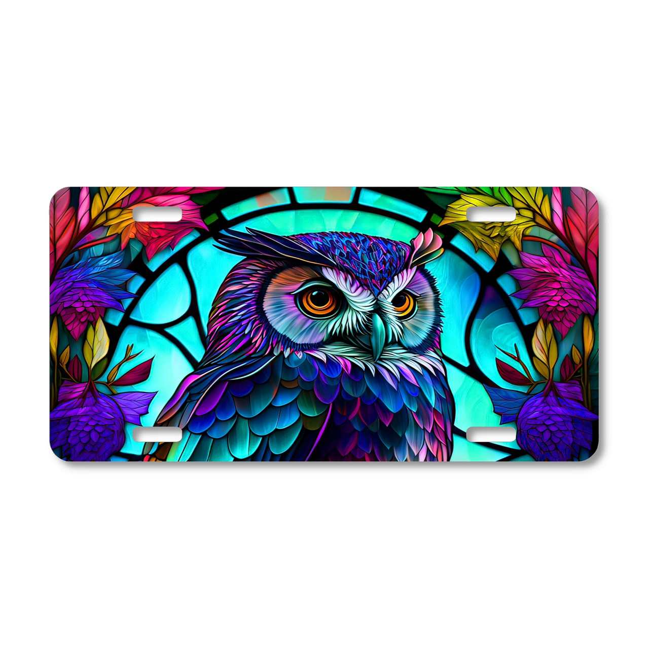 Stained-glass style owl license plate with jewel-toned feathers, floral accents, and vivid fantasy artwork on aluminum.