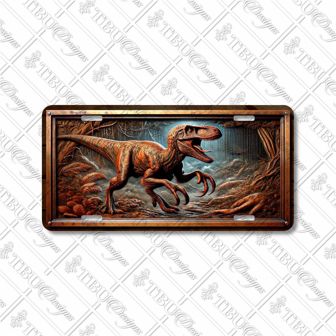 Velociraptor dinosaur license plate featuring jungle scene with tangled roots, ferns, and embossed-look artwork on aluminum.