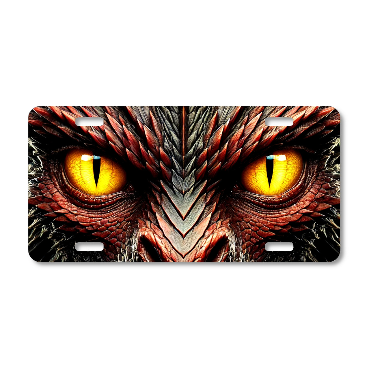 Dragon Eyes license plate featuring glowing golden reptilian eyes framed by textured red and gray scales in a rustic embossed-look design.