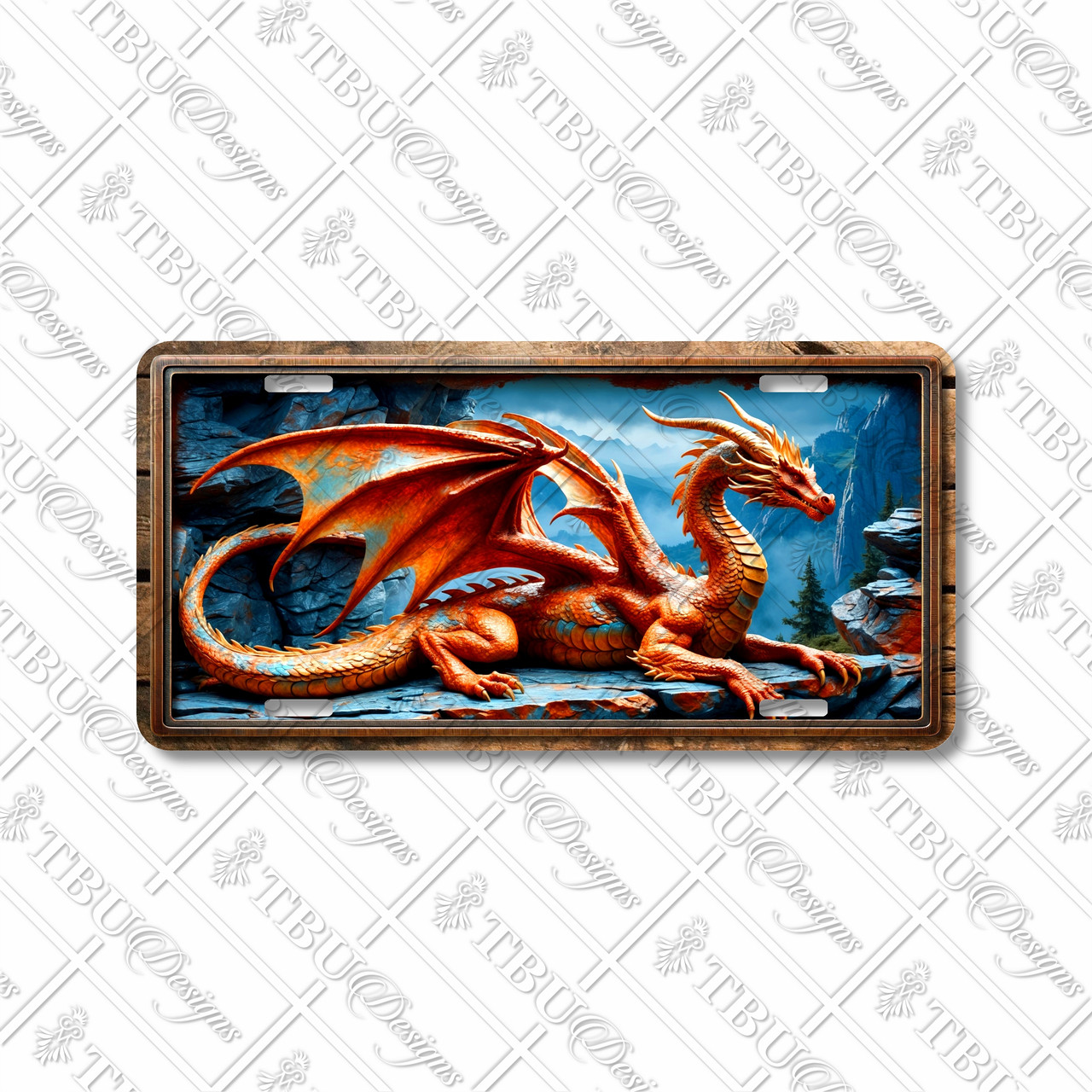 Fire Dragon license plate featuring a regal orange and bronze dragon with turquoise accents, resting on rocky cliffs with a mountain backdrop.