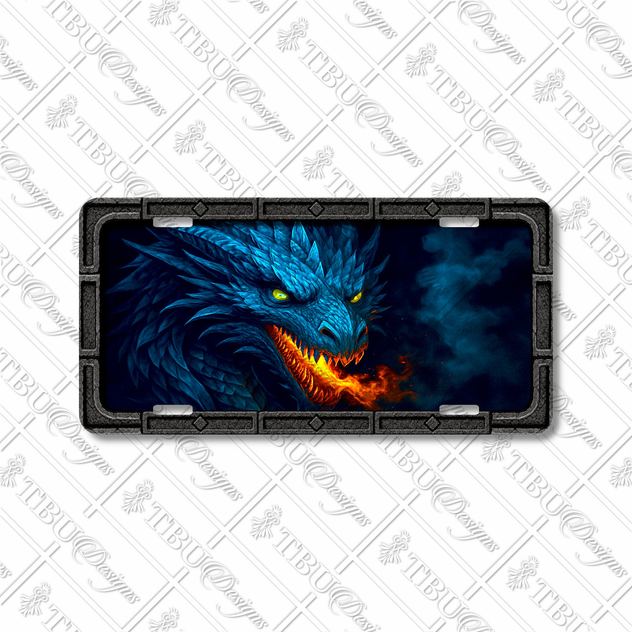 Blue Fire Dragon license plate featuring a snarling dragon head with glowing green eyes, sapphire scales, and fiery orange breath in rustic fantasy artwork.