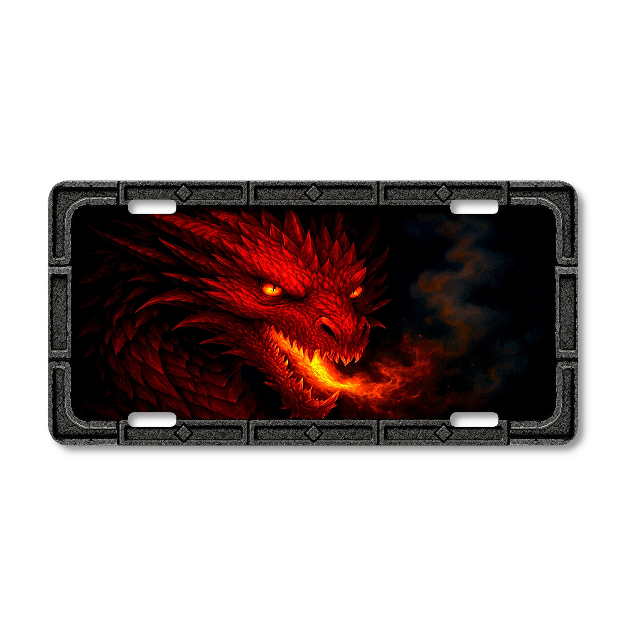 Red Fire Dragon license plate featuring a snarling crimson dragon head with glowing ember eyes and flames erupting from its jaws in rustic fantasy artwork.