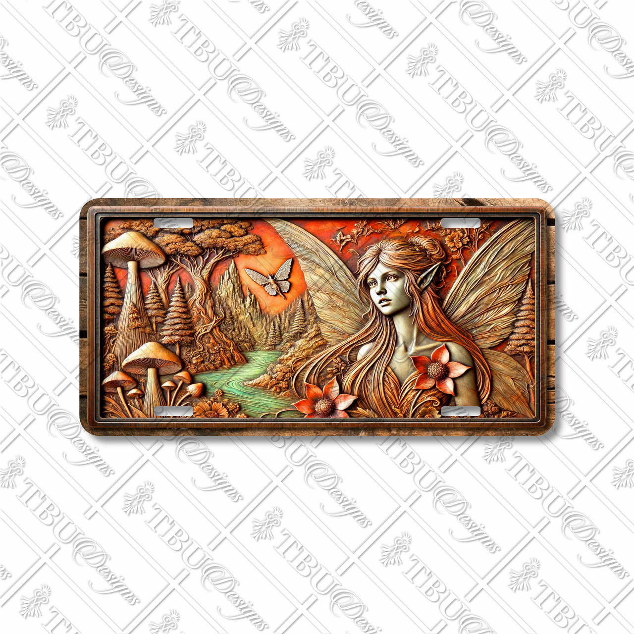 Woodland Fairy license plate featuring a winged elf maiden among mushrooms, flowers, and forest sunset in rustic fantasy embossed-look design.