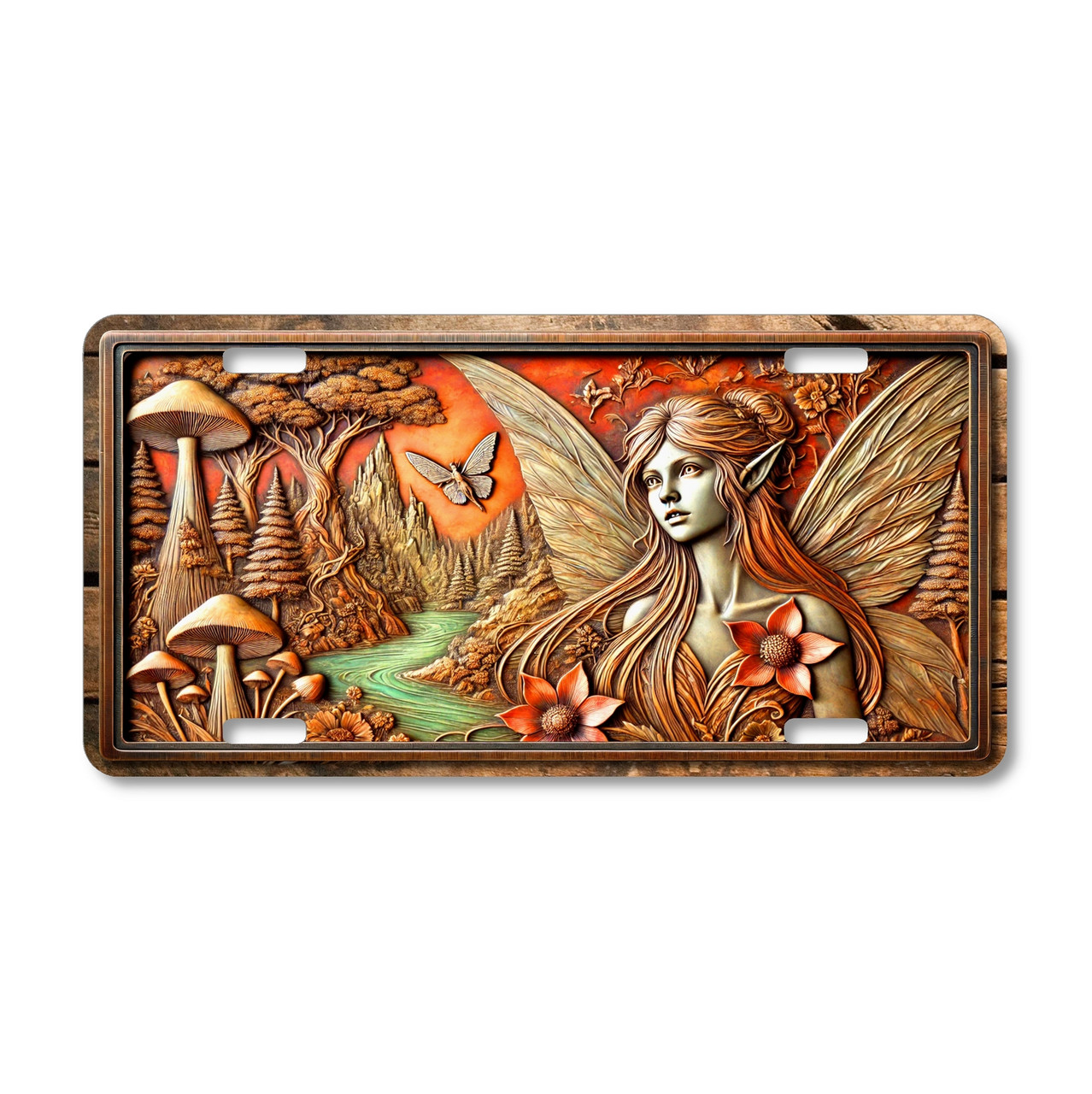 Woodland Fairy license plate featuring a winged elf maiden among mushrooms, flowers, and forest sunset in rustic fantasy embossed-look design.