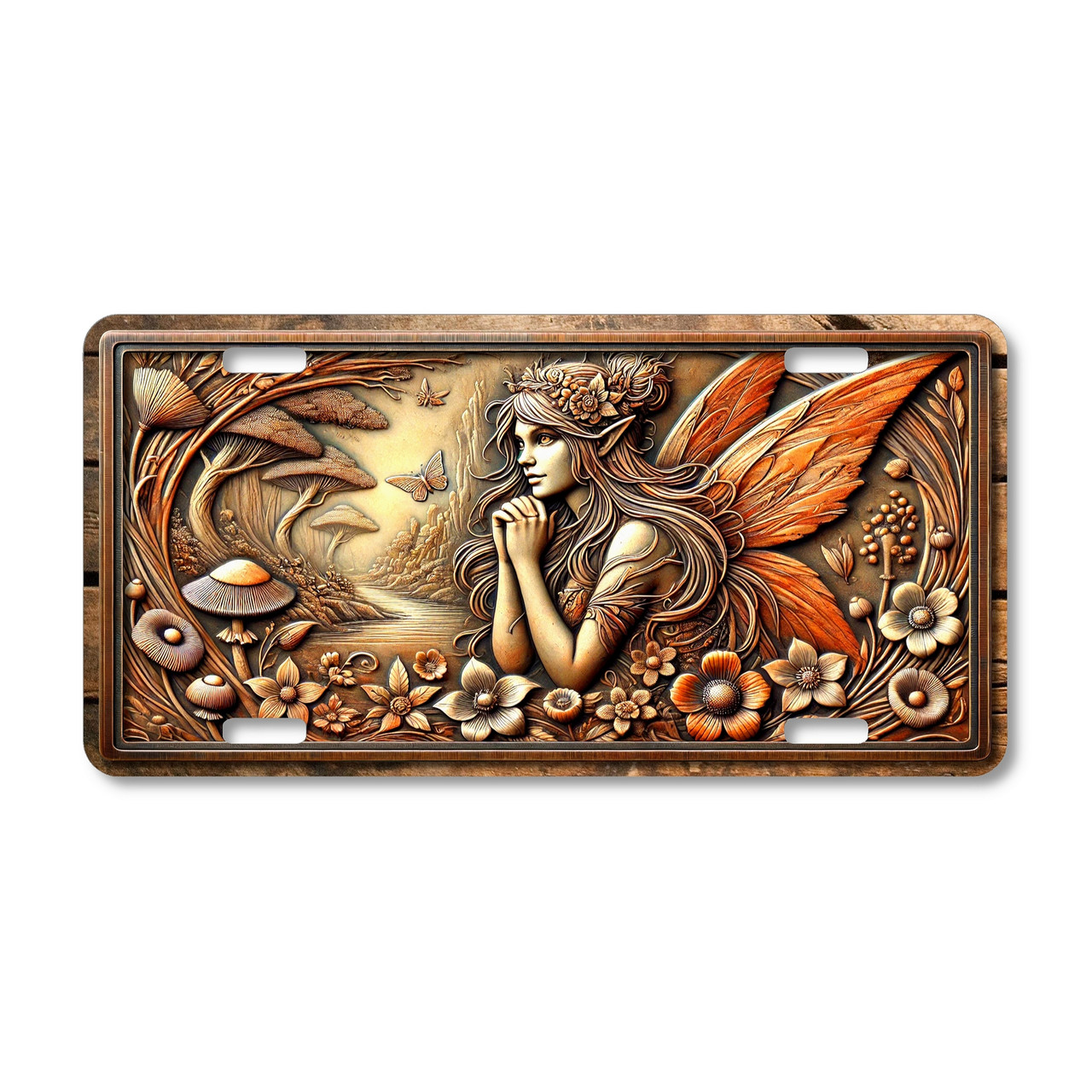 Autumn Fairy license plate featuring a winged elf maiden with copper-toned wings, woodland flowers, and mushrooms in rustic fantasy embossed-look design.