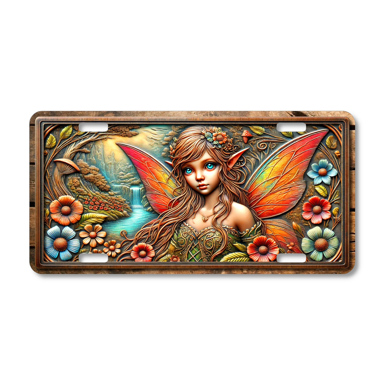 Garden Fairy license plate featuring a fairy maiden with bright blue eyes, fiery orange wings, and floral woodland setting in rustic fantasy embossed-look design.