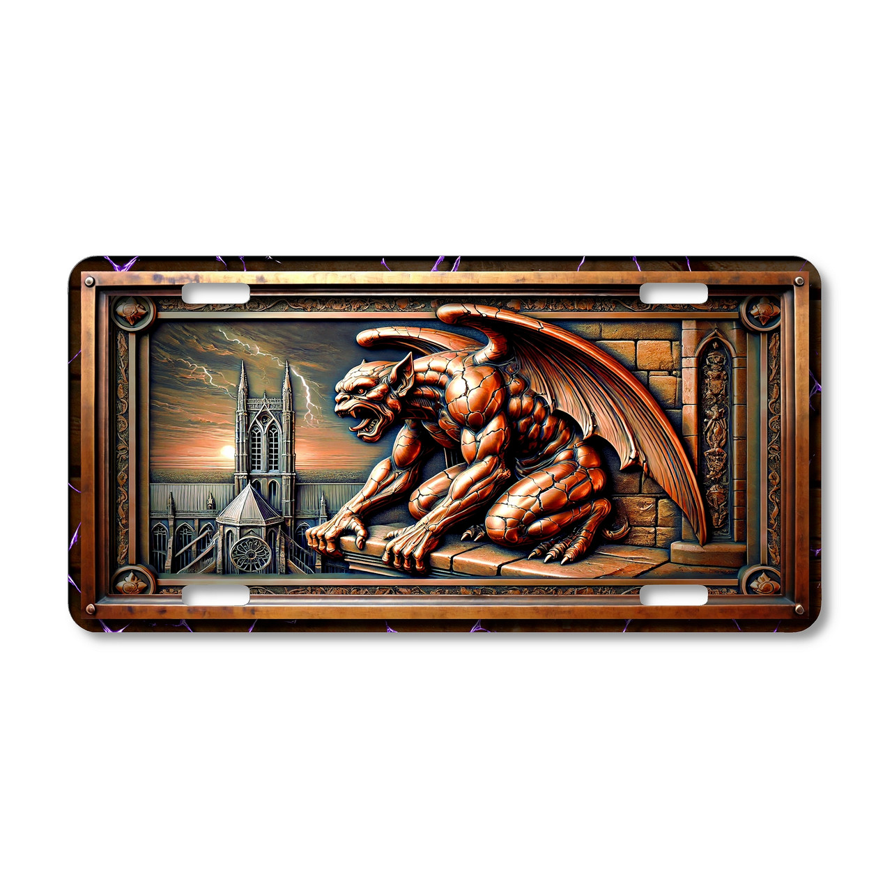 Gothic Gargoyle license plate featuring a muscular copper-toned gargoyle crouched on cathedral stone against a fiery sunset sky in embossed-look artwork