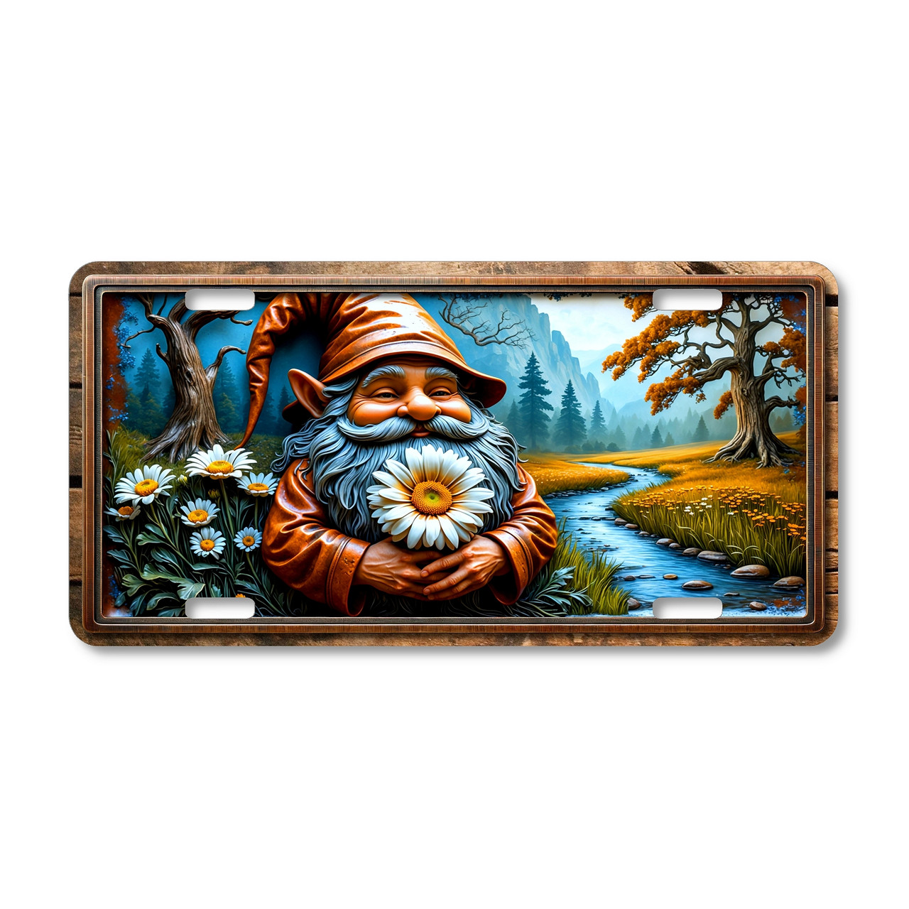 Garden Gnome license plate featuring cheerful copper-toned gnome holding a daisy, set in woodland stream and autumn scenery with embossed-look style.