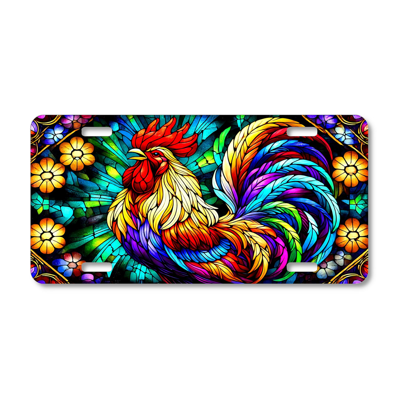 Rooster license plate featuring stained-glass style artwork in vivid rainbow colors with rustic embossed-look design on aluminum.