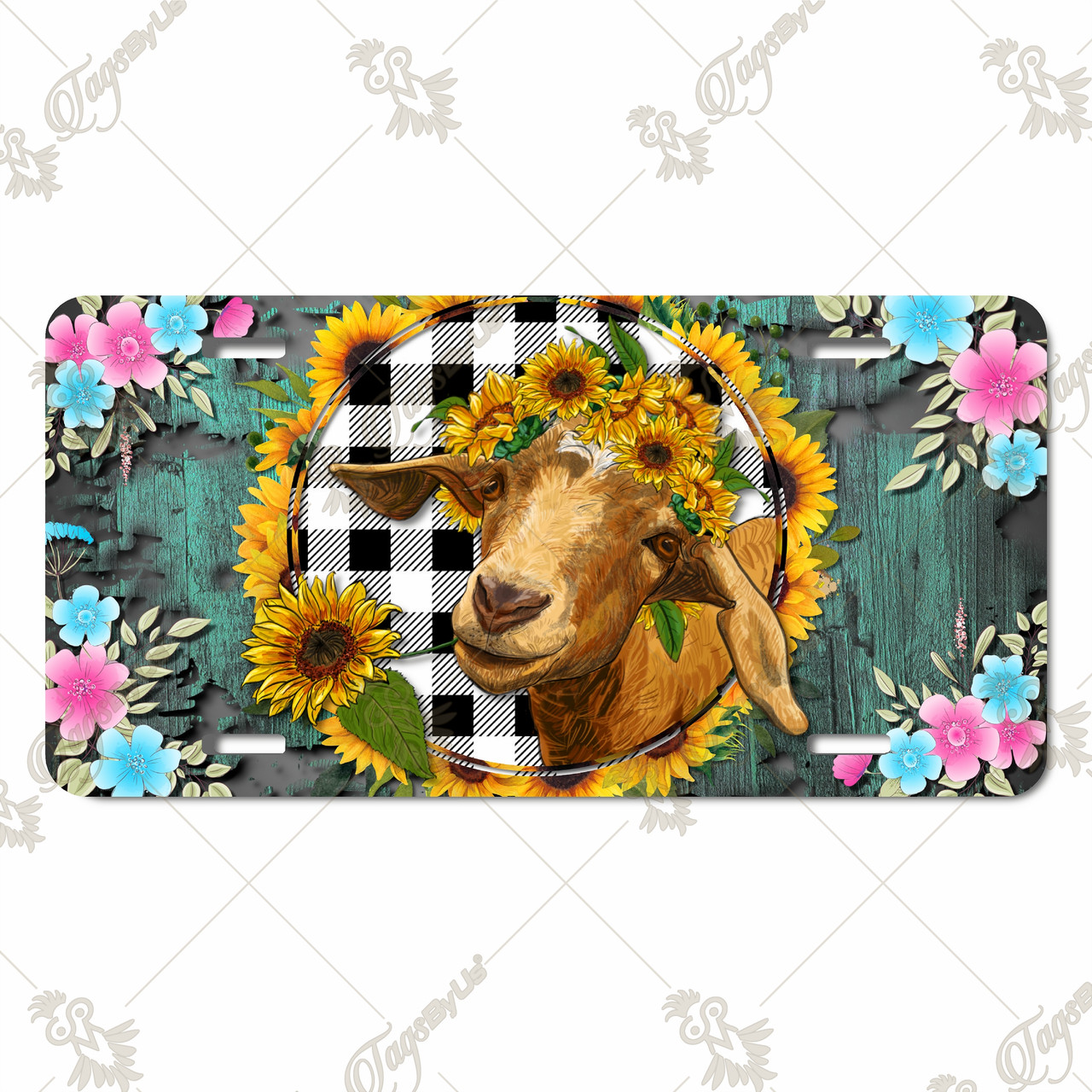 Goat license plate featuring rustic farmhouse design with sunflower wreath, buffalo plaid, and colorful florals on aluminum.