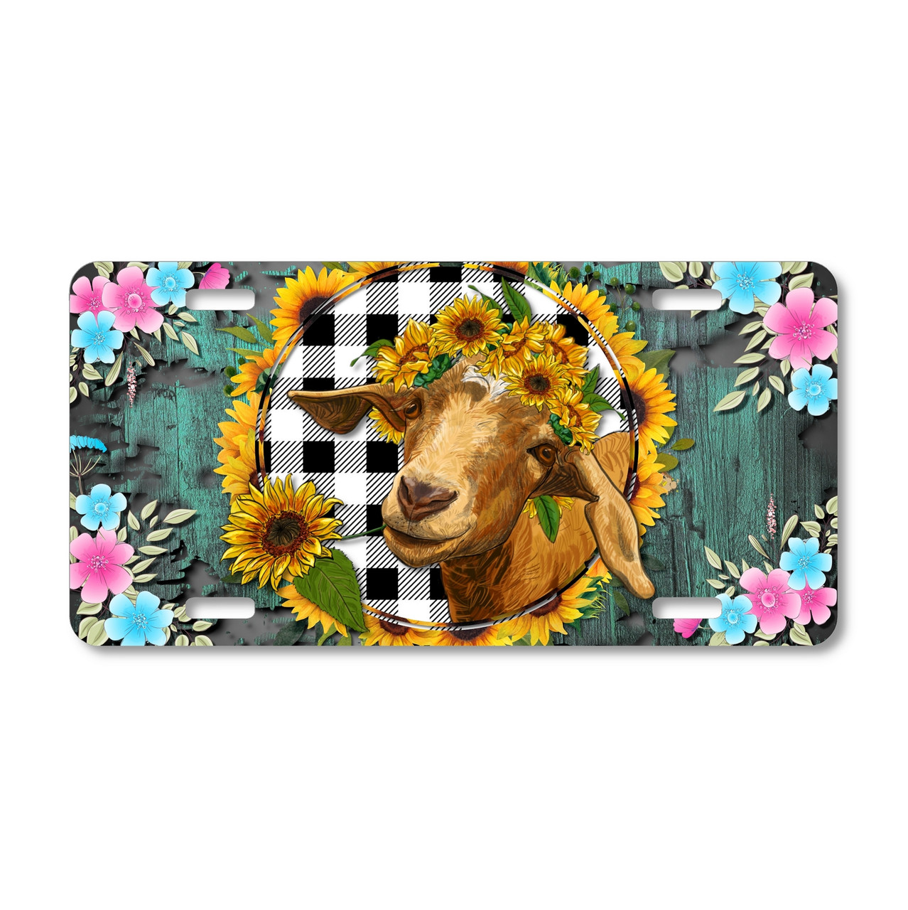 Goat license plate featuring rustic farmhouse design with sunflower wreath, buffalo plaid, and colorful florals on aluminum.