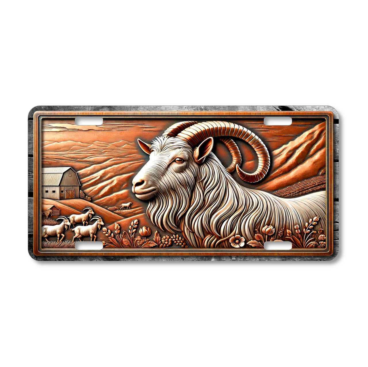 goat with curled horns and farmyard barn background in warm bronze tones on aluminum.