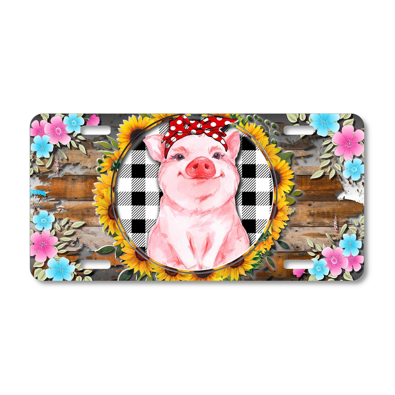 Pig license plate featuring rustic farmhouse design with sunflower wreath, buffalo plaid, and floral accents in distressed wood background on aluminum.