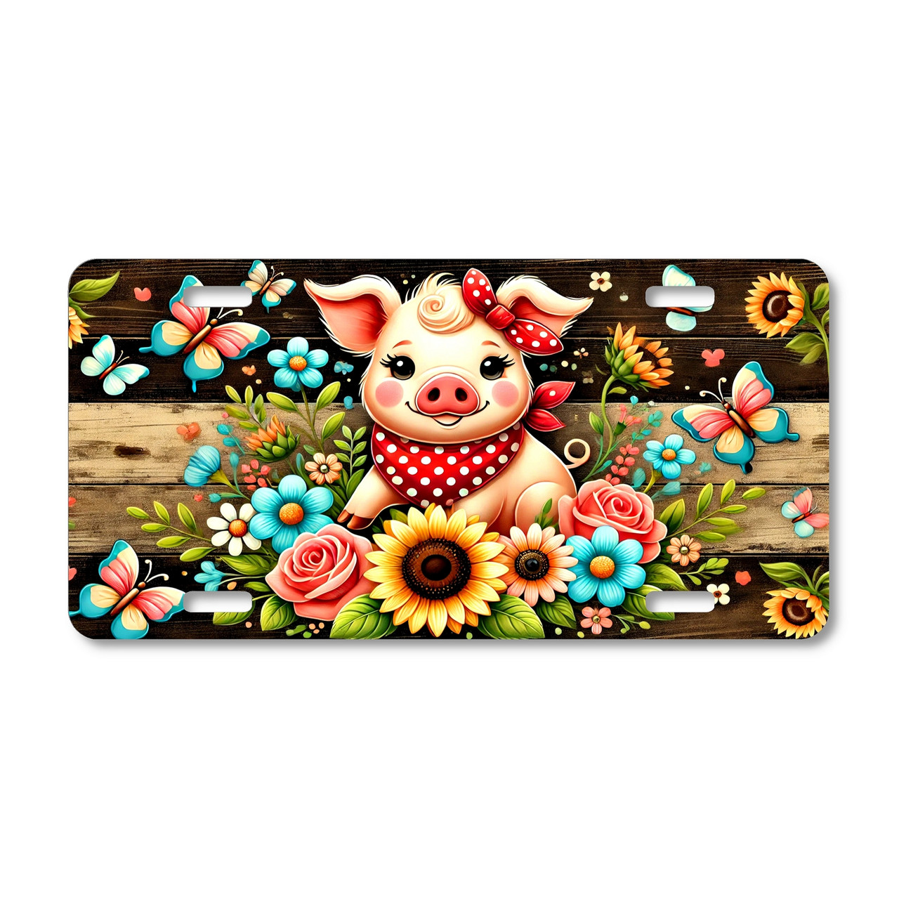 Pig license plate featuring whimsical farmhouse design with flowers, butterflies, and rustic wood background on aluminum.