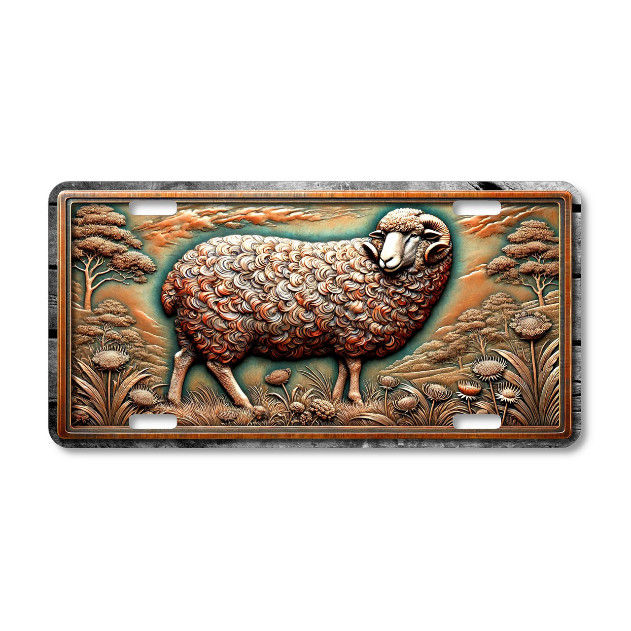 Sheep license plate featuring rustic carved-wood style curly-coated sheep with pastoral field and rolling hills in bronze tones on aluminum.