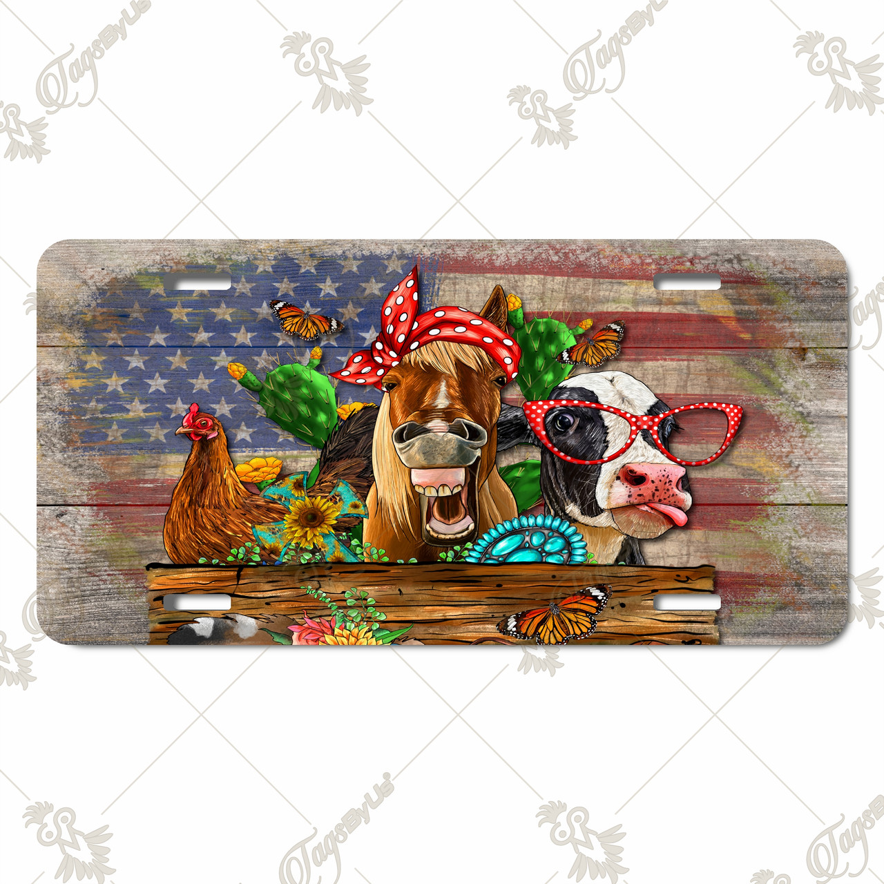 Farm animals license plate with cow, horse, and chicken in whimsical patriotic style against rustic USA flag backdrop on aluminum.