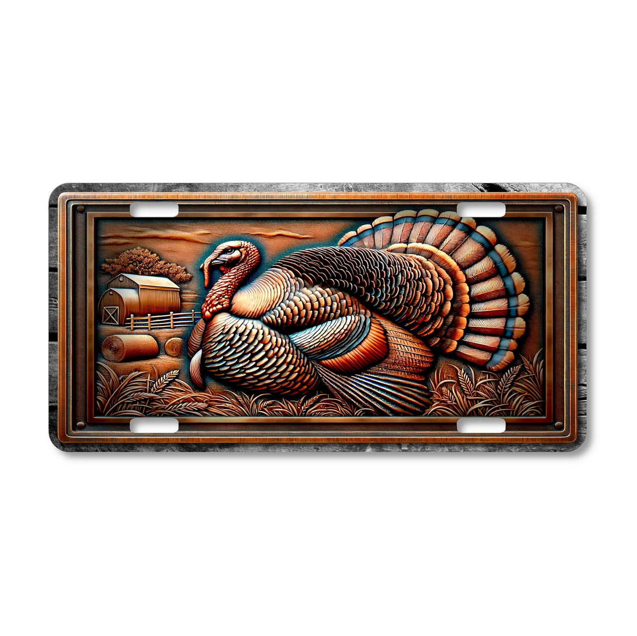 Regal Turkey license plate featuring a detailed bronze and copper turkey with a rustic barnyard harvest background, printed in embossed-look style on aluminum.