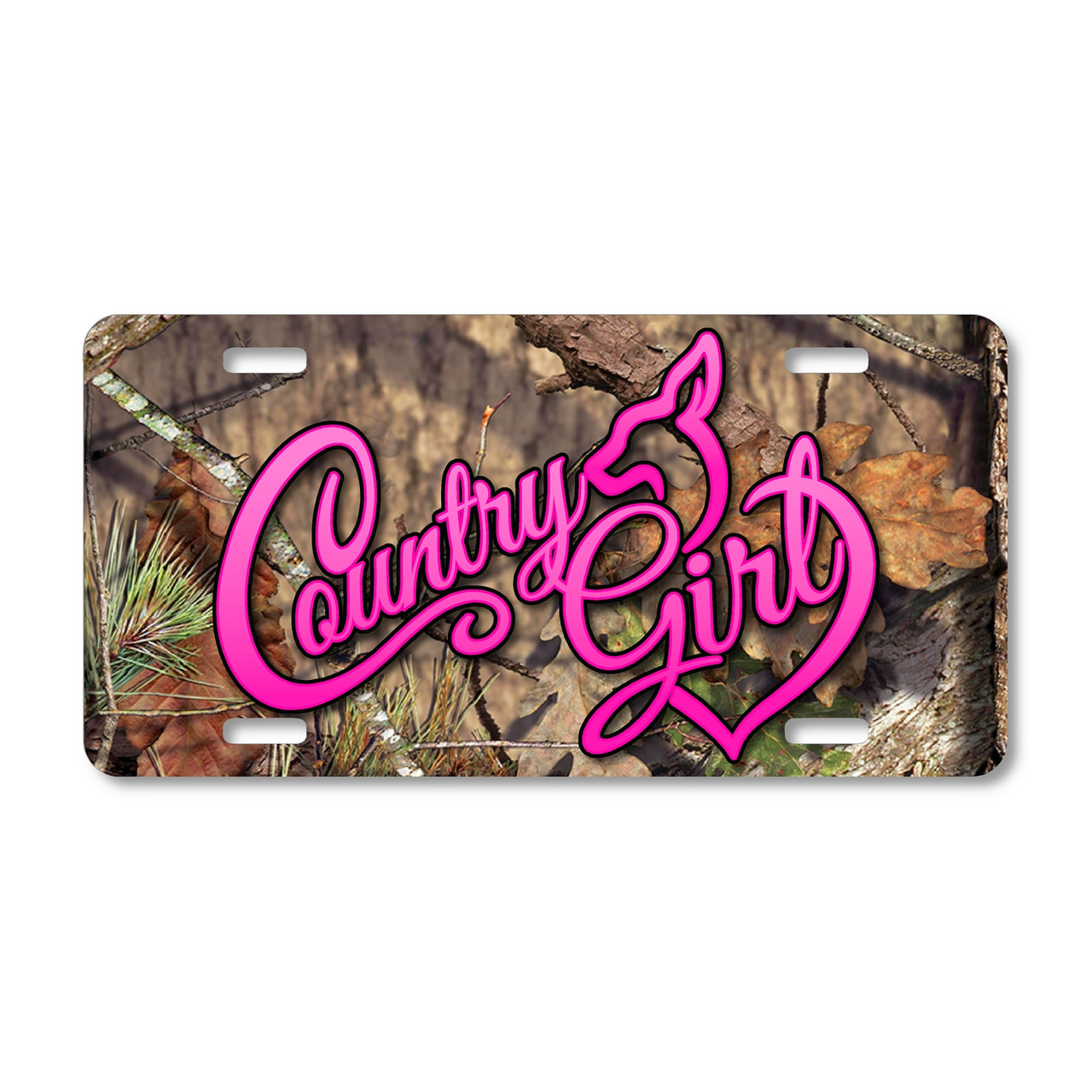 Rustic pink Country Girl license plate featuring a deer-heart outline and bold script lettering over a camouflage woodland background in rustic embossed-look style.
