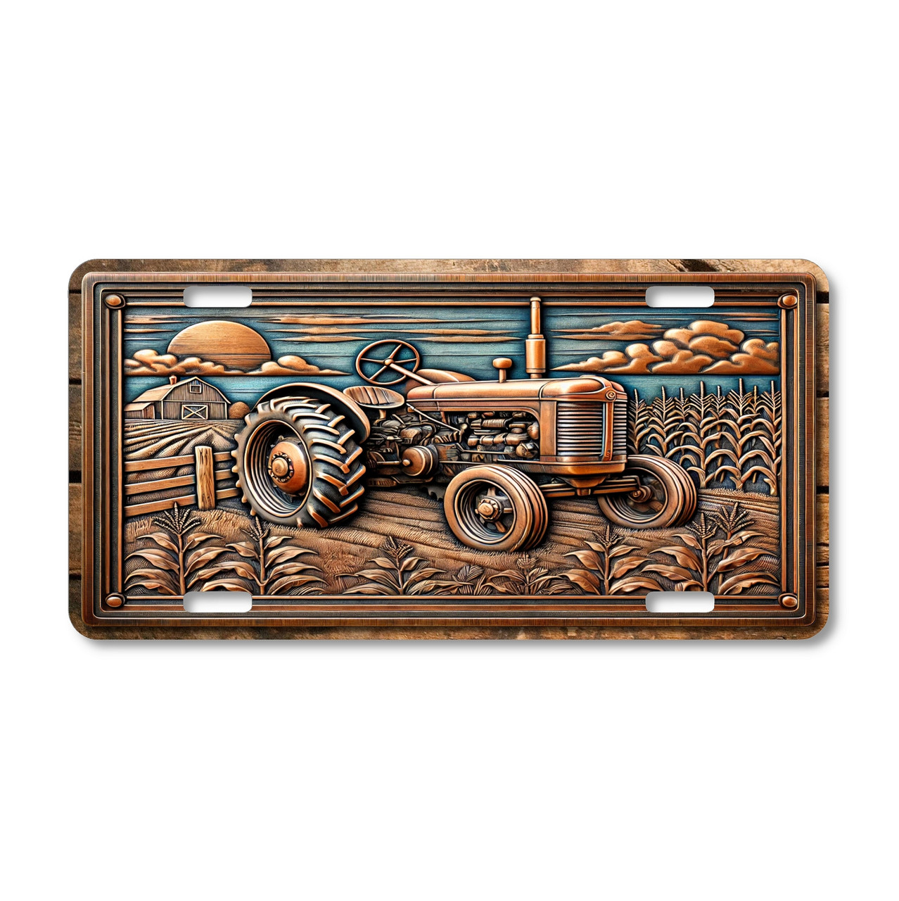 Rustic farm tractor license plate featuring embossed-look copper tractor with barn, crops, and sunset sky in warm bronze and teal tones.