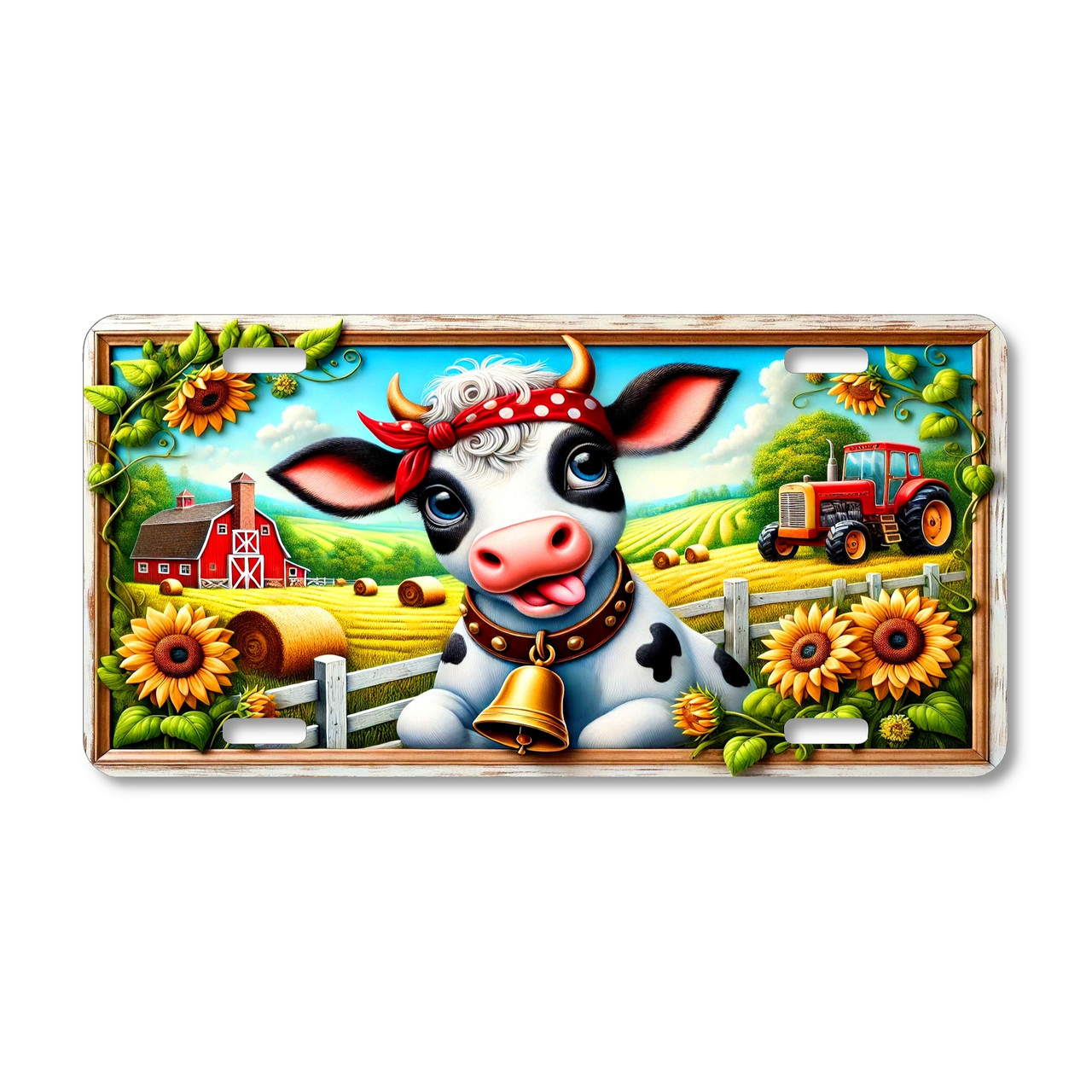 Playful farm cow license plate featuring cheerful cow in red bandana and cowbell framed by sunflowers, red barn, and tractor in vibrant rustic tones.