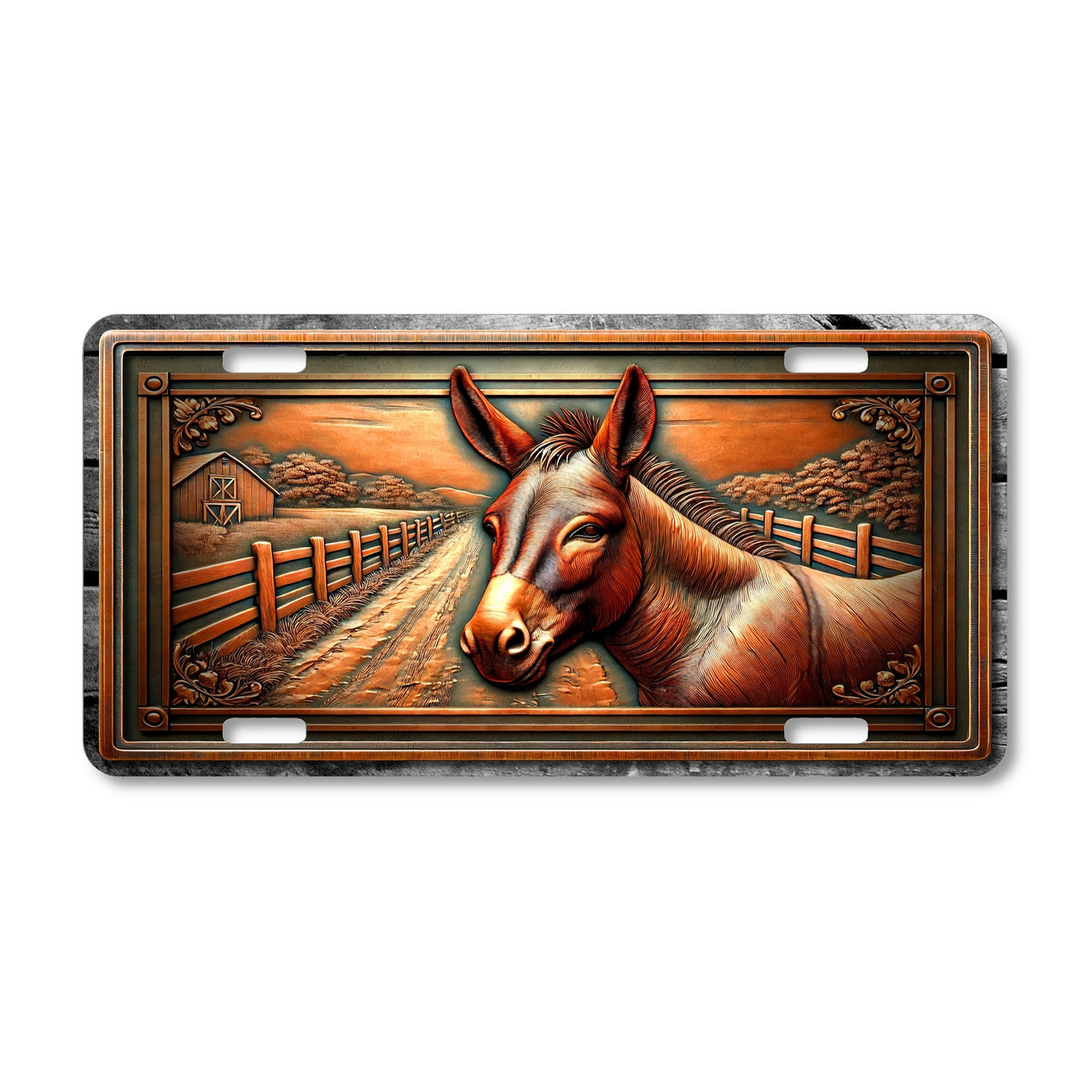 Rustic donkey license plate featuring detailed donkey portrait with barnyard road, rustic fencing, and warm copper-toned design.