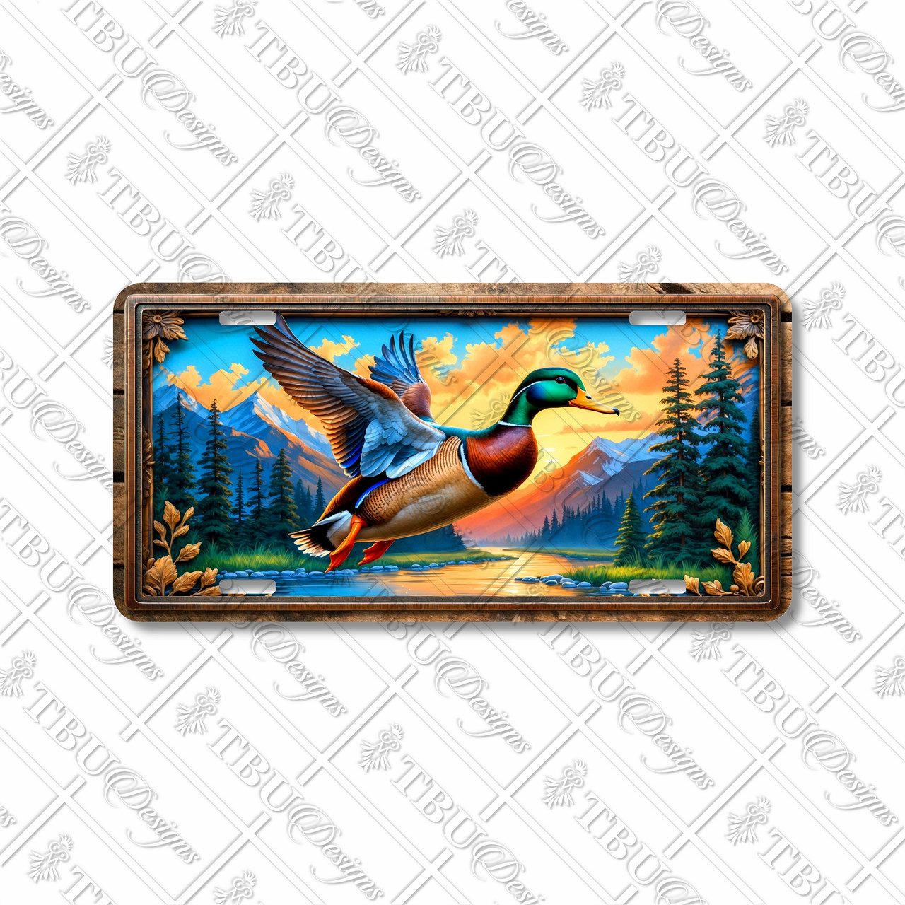 Flying mallard duck license plate with colorful mountain lake, pine trees, and rustic wooden frame accents.