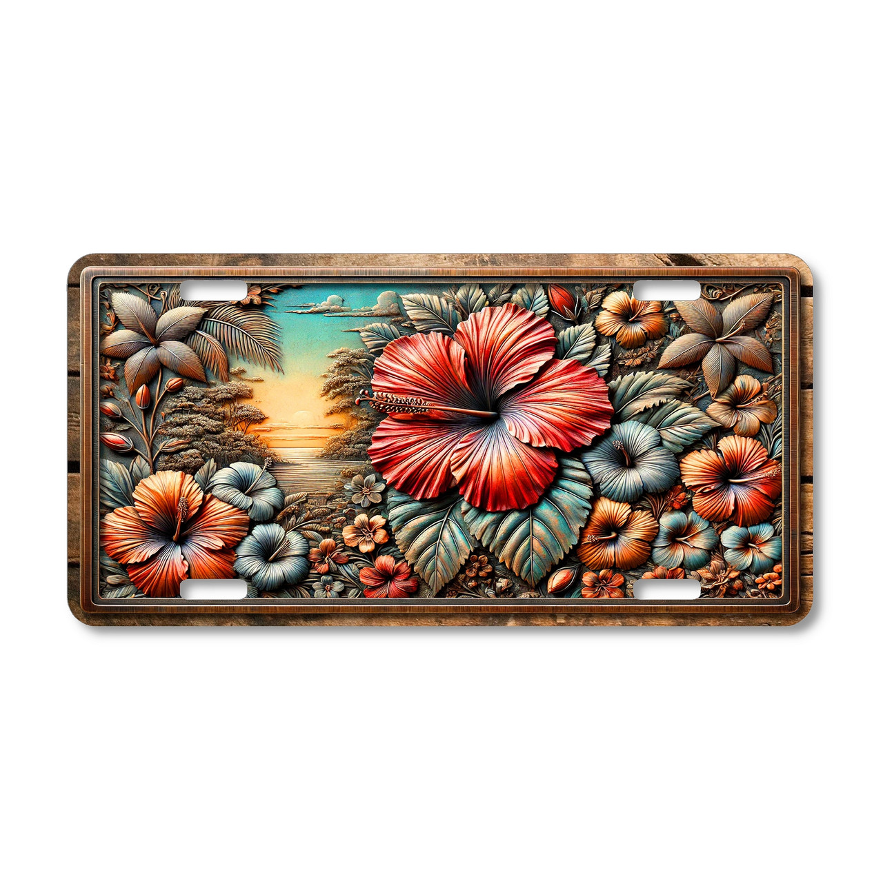 Tropical hibiscus floral license plate featuring bold red, orange, and teal flowers with a radiant sunset background in embossed-look artwork on aluminum.