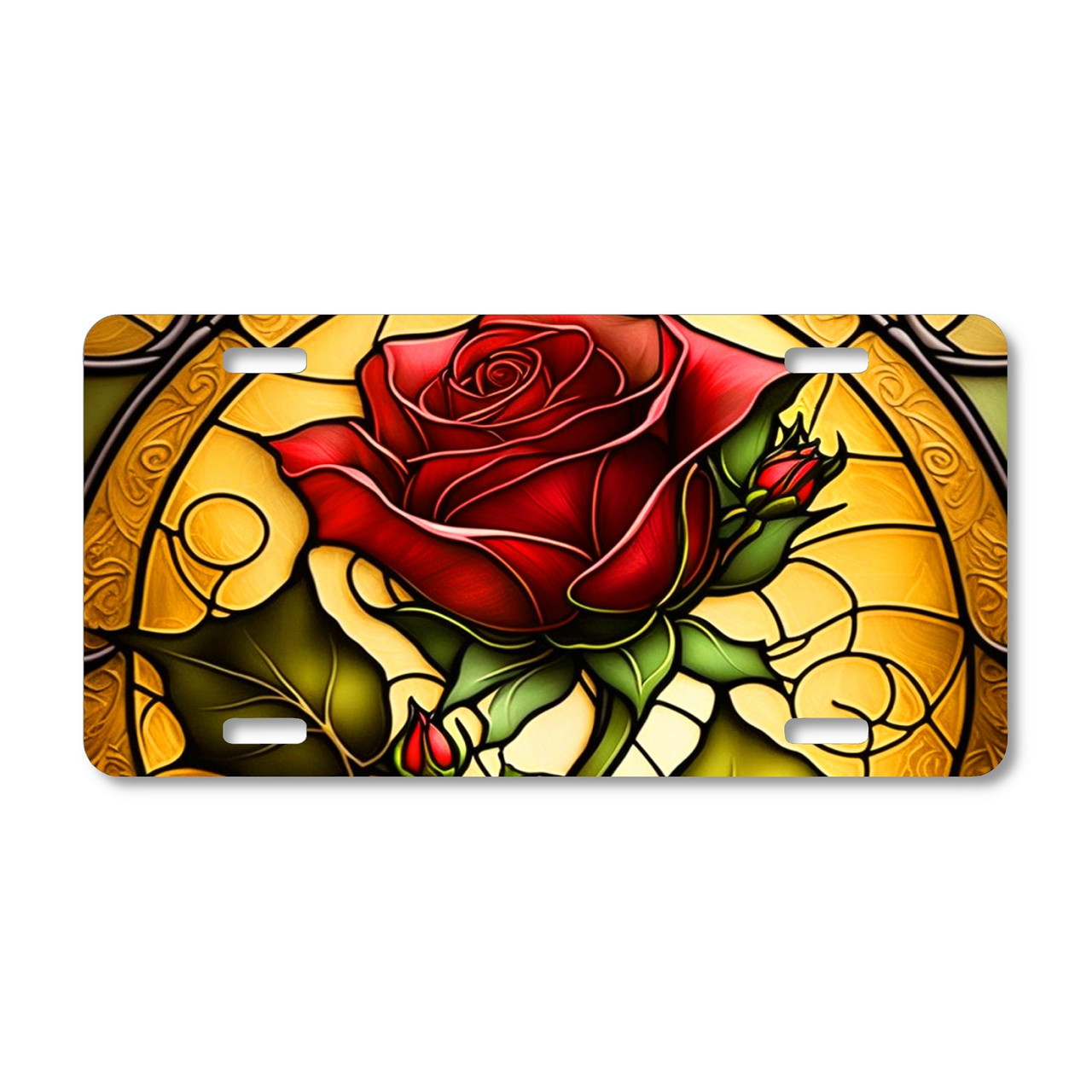 Red rose stained-glass floral license plate featuring elegant golden glass design in embossed-look artwork on aluminum.